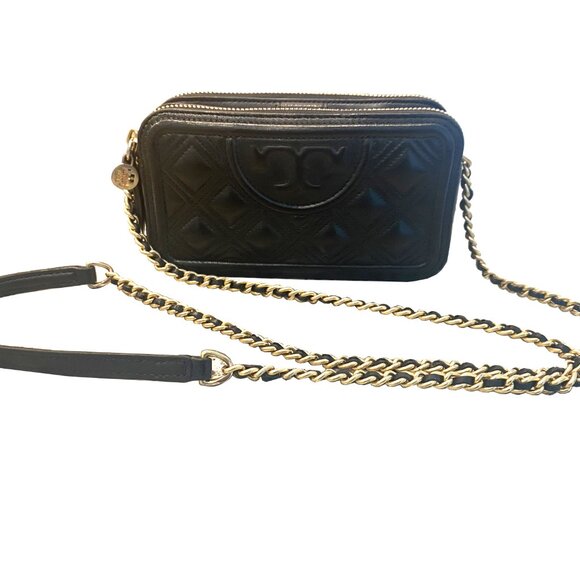 Tory Burch Handbags - Tory Burch Black Quilted Leather Crossbody Bag Gold Hardware 22" Strap